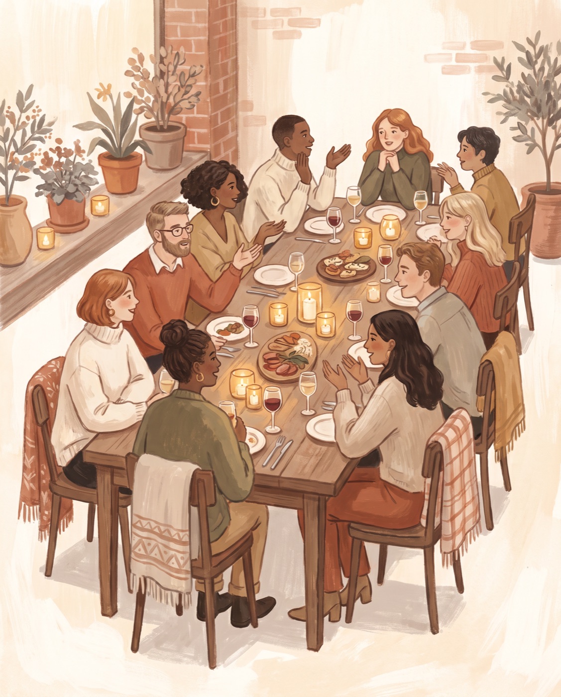 A long candlelit table of twelve guests in a warm bistro