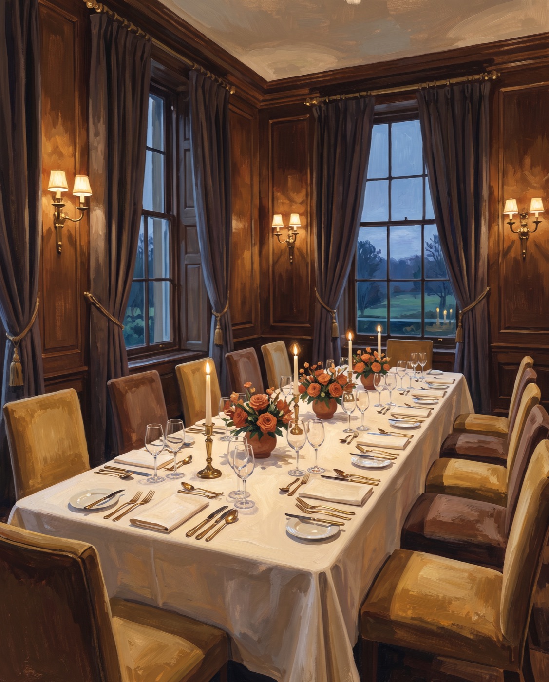 A panelled private dining room set with candles and flowers