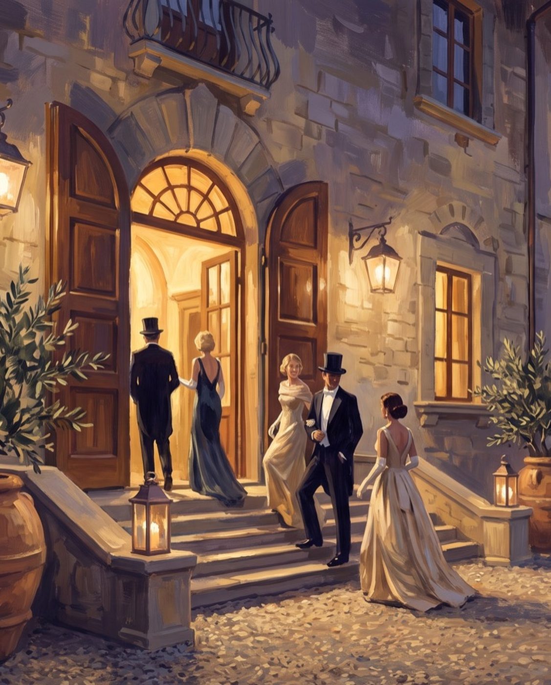 Guests arriving at a lit villa entrance in the evening
