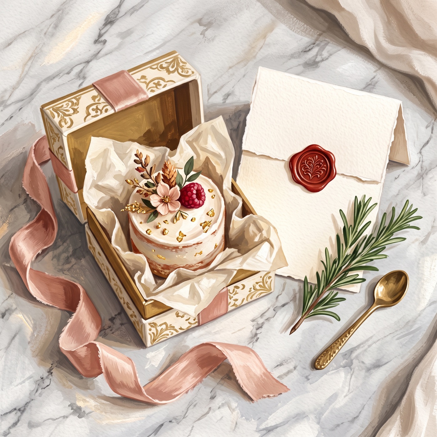 A cake in a gift box beside a wax sealed invitation