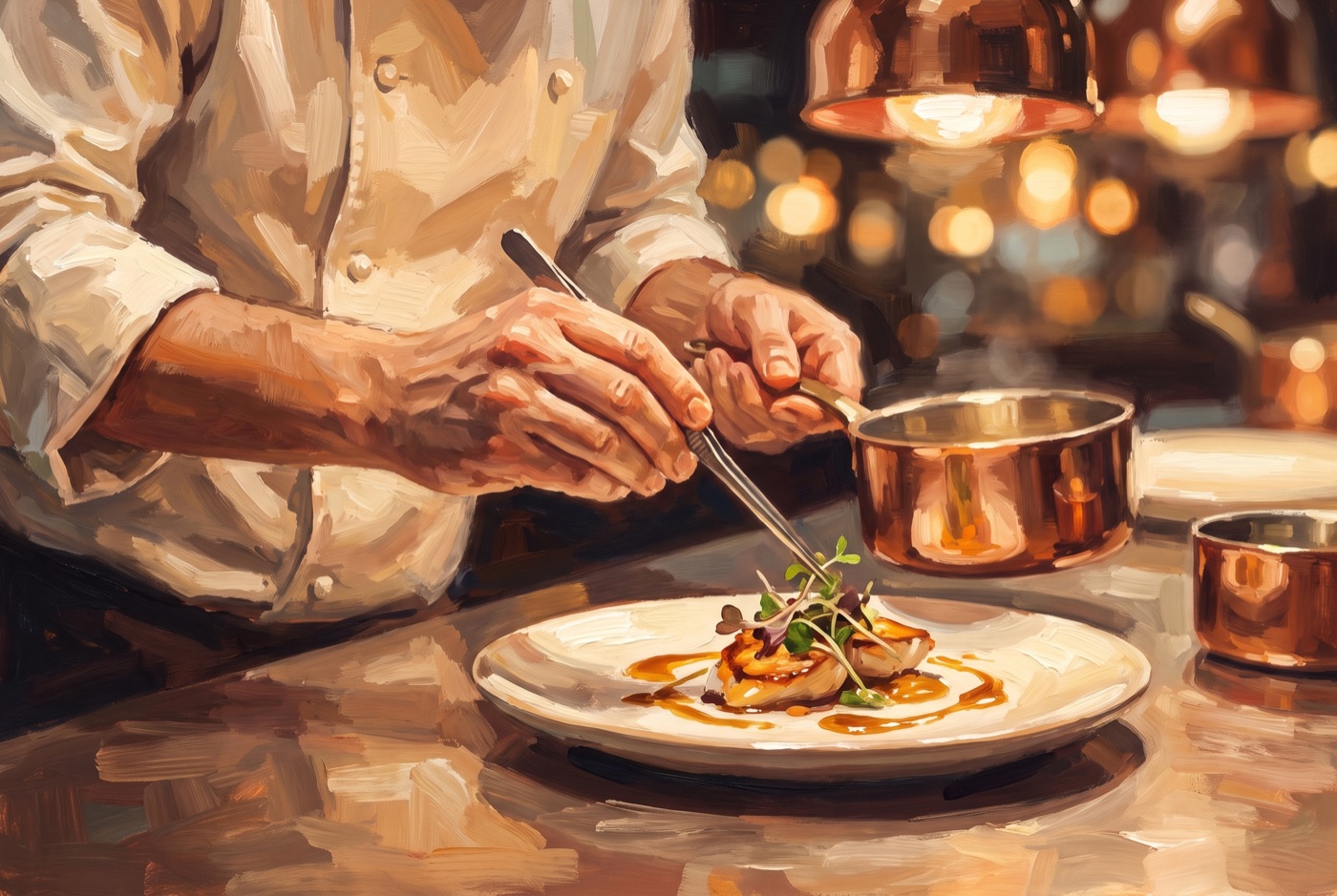 A chef plating a dish by hand