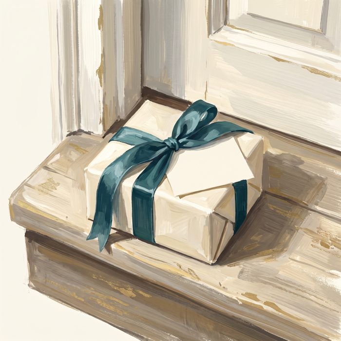 A small gift box with teal ribbon and a note card